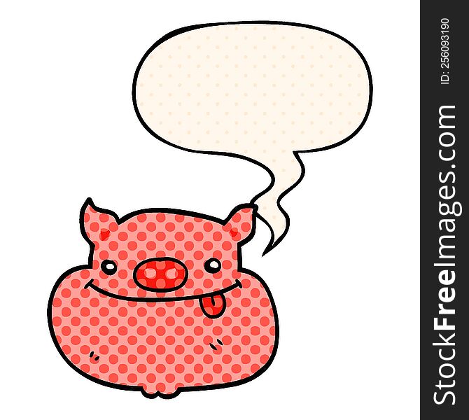 Cartoon Happy Pig Face And Speech Bubble In Comic Book Style