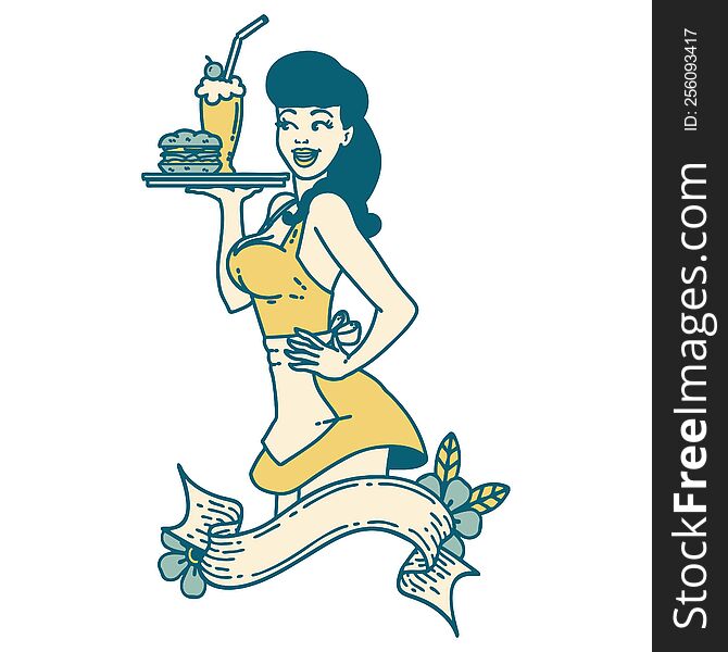 tattoo in traditional style of a pinup waitress girl with banner. tattoo in traditional style of a pinup waitress girl with banner