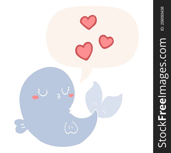 cute cartoon whale in love with speech bubble in retro style