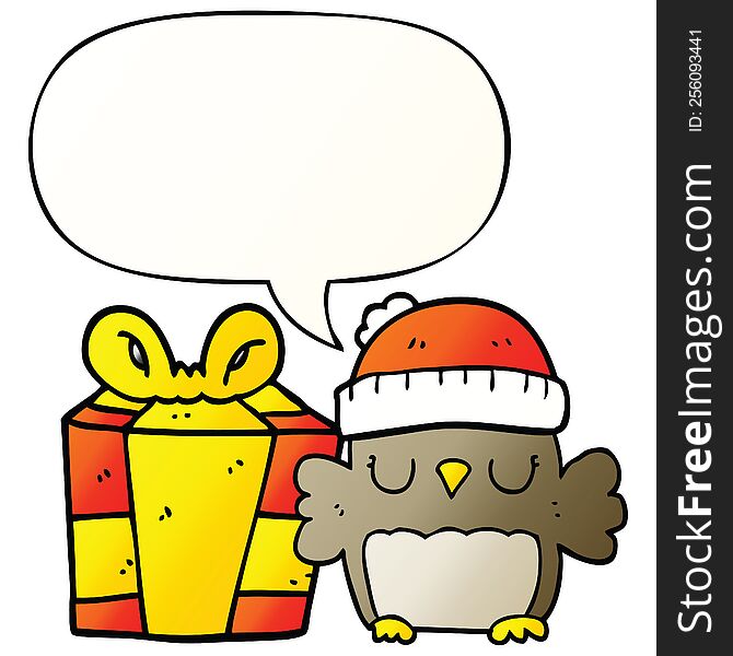Cute Christmas Owl And Speech Bubble In Smooth Gradient Style