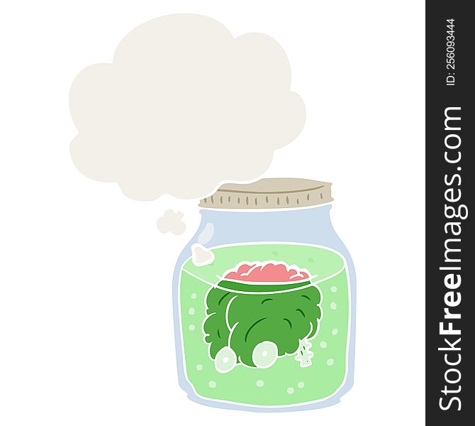 cartoon spooky brain in jar with thought bubble in retro style