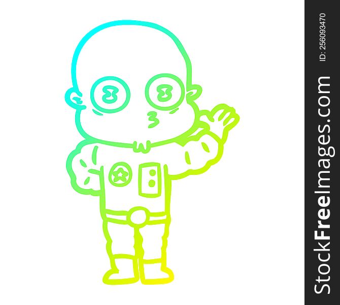 cold gradient line drawing of a waving weird bald spaceman
