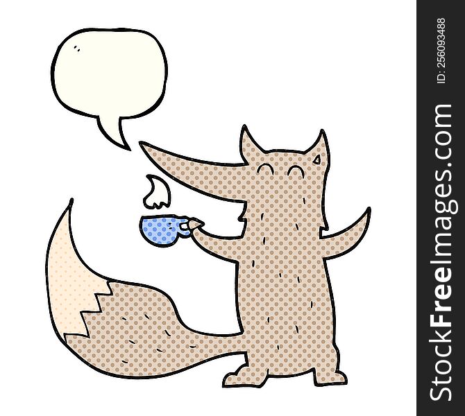 freehand drawn comic book speech bubble cartoon wolf with coffee cup