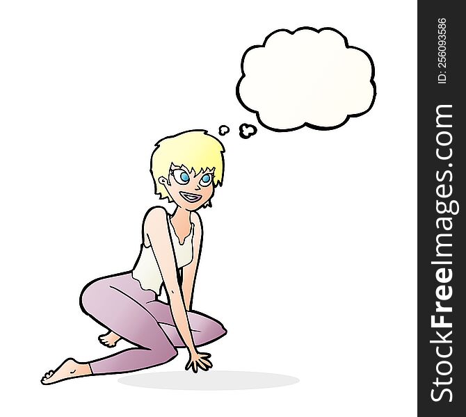 Cartoon Happy Woman Sitting On Floor With Thought Bubble