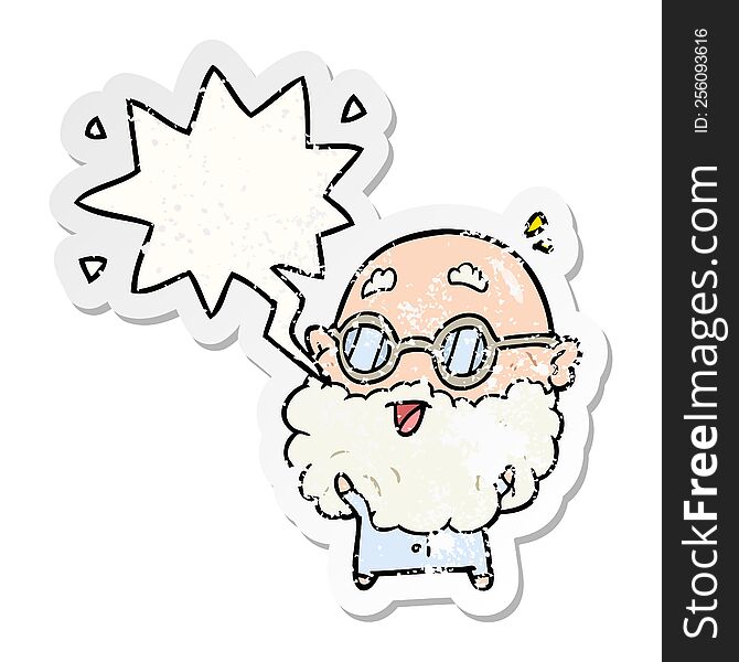 cute cartoon surprised old man and speech bubble distressed sticker