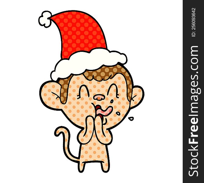 crazy hand drawn comic book style illustration of a monkey wearing santa hat