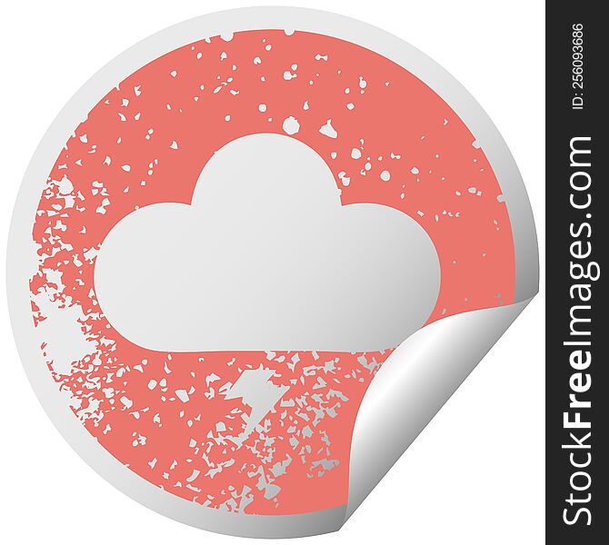 distressed circular peeling sticker symbol of a thunder cloud