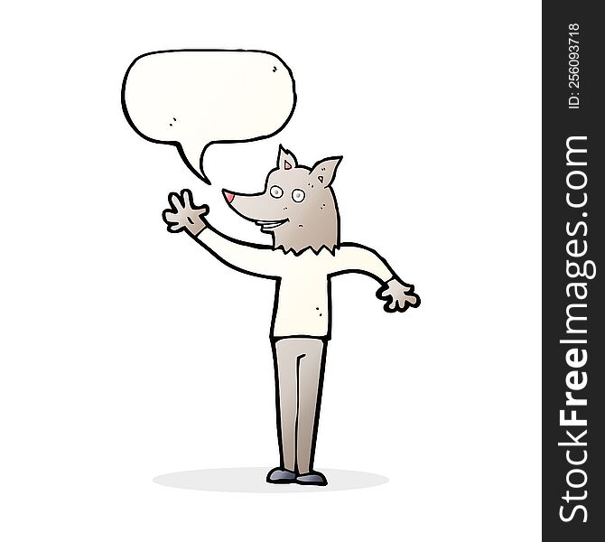 cartoon waving wolf man with speech bubble