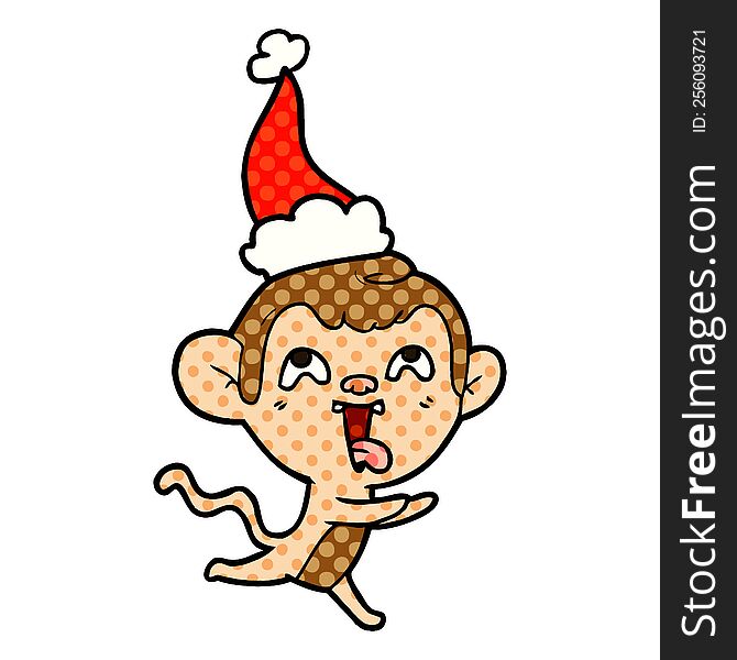 crazy comic book style illustration of a monkey running wearing santa hat