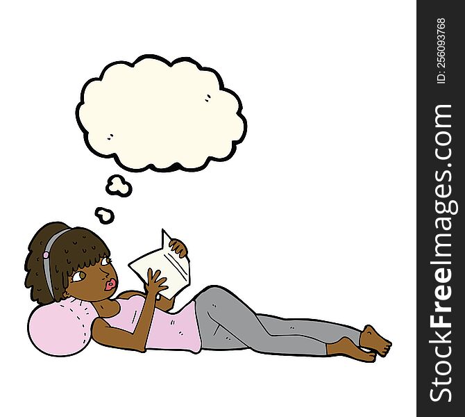 cartoon pretty woman reading book with thought bubble