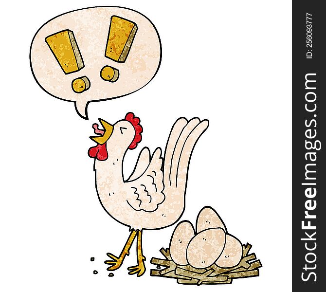 cartoon chicken laying egg with speech bubble in retro texture style