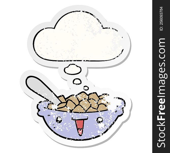 cute cartoon bowl of cereal with thought bubble as a distressed worn sticker