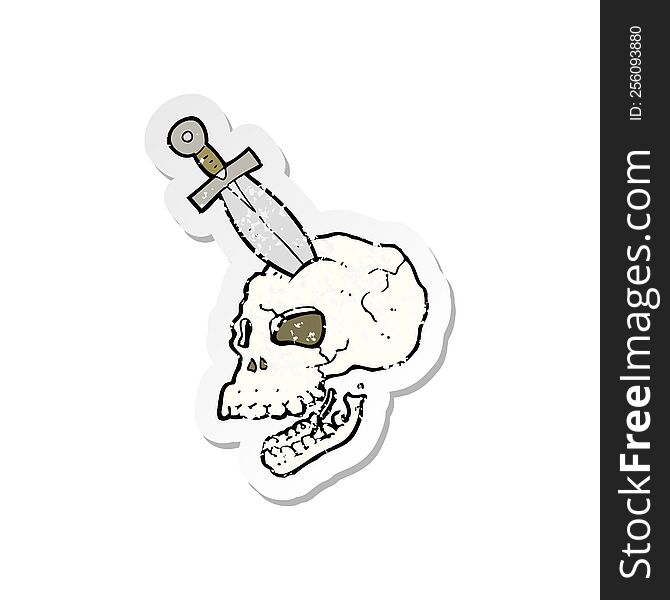 Retro Distressed Sticker Of A Cartoon Dagger Stuck In Skull