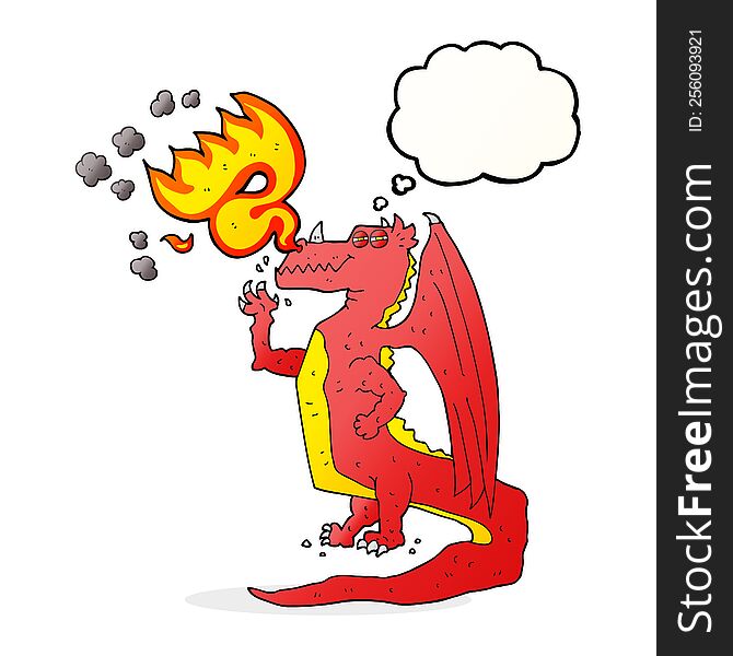 freehand drawn thought bubble cartoon happy dragon breathing fire