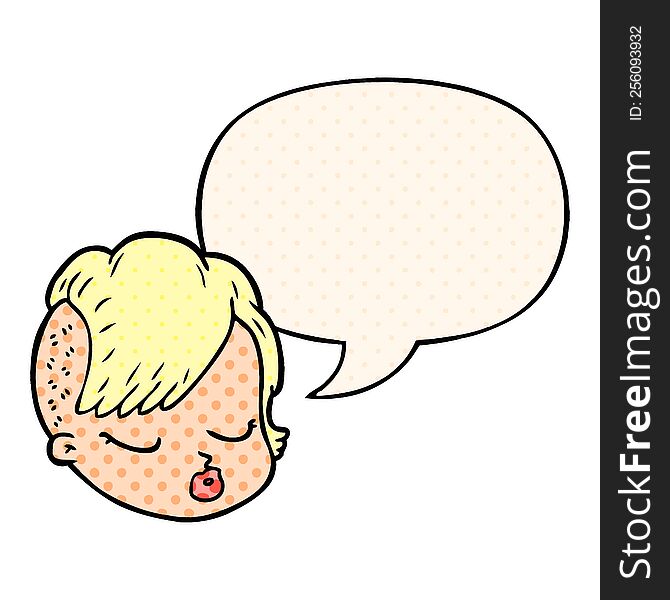 cartoon female face with speech bubble in comic book style
