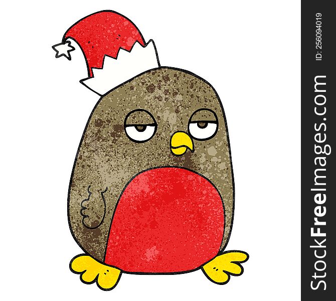 Textured Cartoon Christmas Robin Wearing Santa Hat