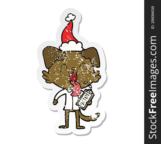 hand drawn distressed sticker cartoon of a panting dog with clipboard wearing santa hat