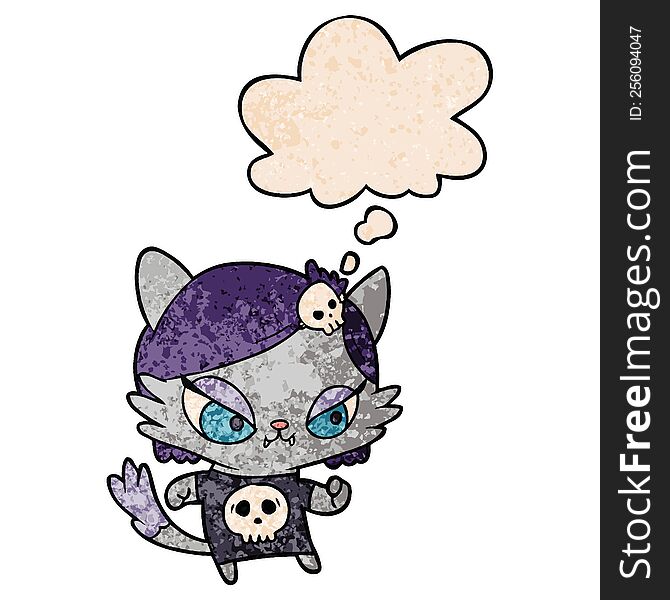 cartoon tough cat girl and thought bubble in grunge texture pattern style