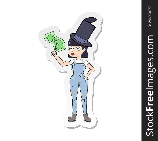 sticker of a cartoon woman holding on to money