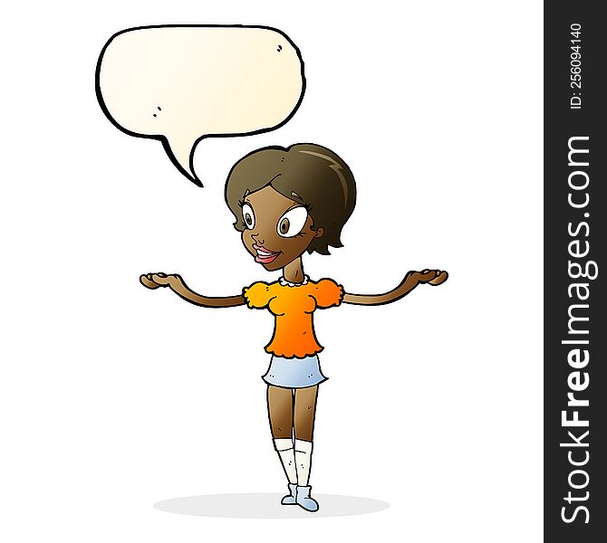 Cartoon Woman With Arms Spread Wide With Speech Bubble