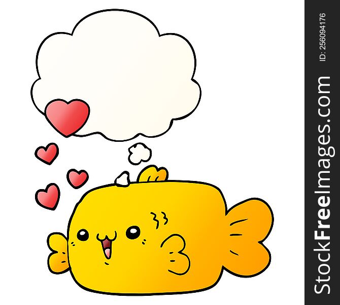 cute cartoon fish with love hearts with thought bubble in smooth gradient style