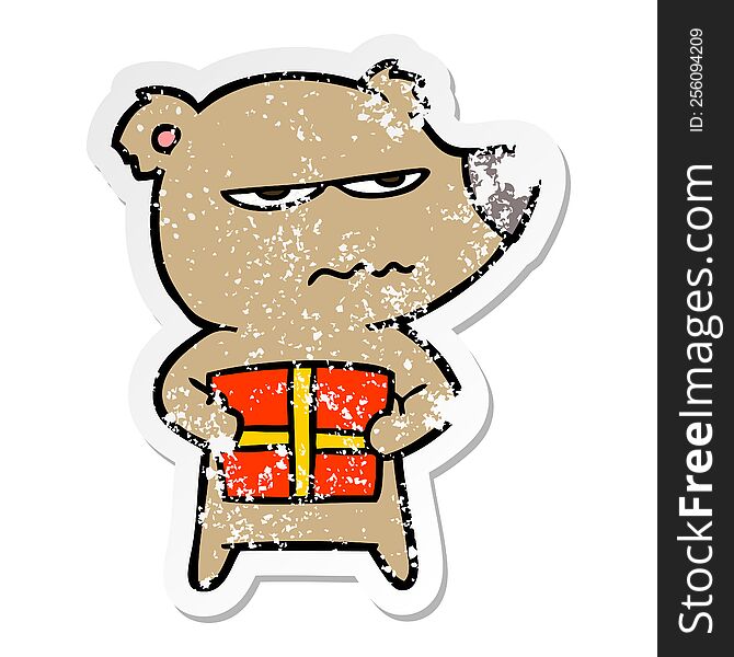 Distressed Sticker Of A Angry Bear Cartoon Holding Present