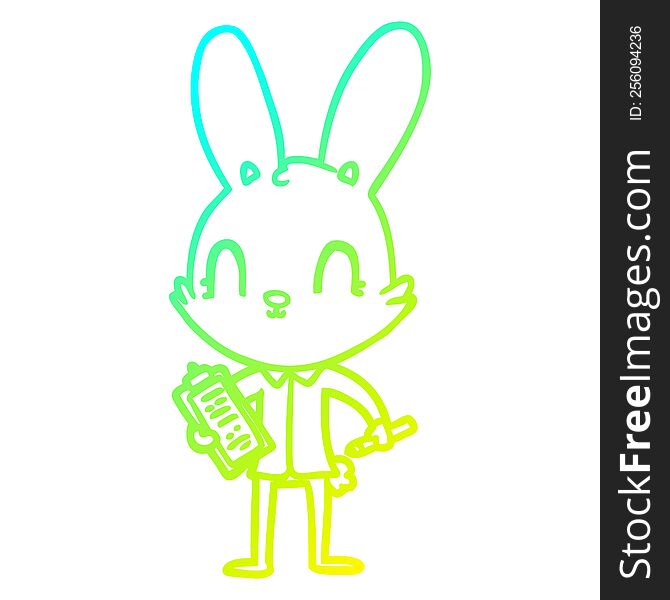 cold gradient line drawing of a cute cartoon rabbit with clipboard