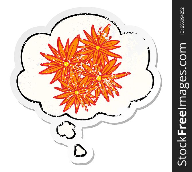 cartoon bright flowers with thought bubble as a distressed worn sticker