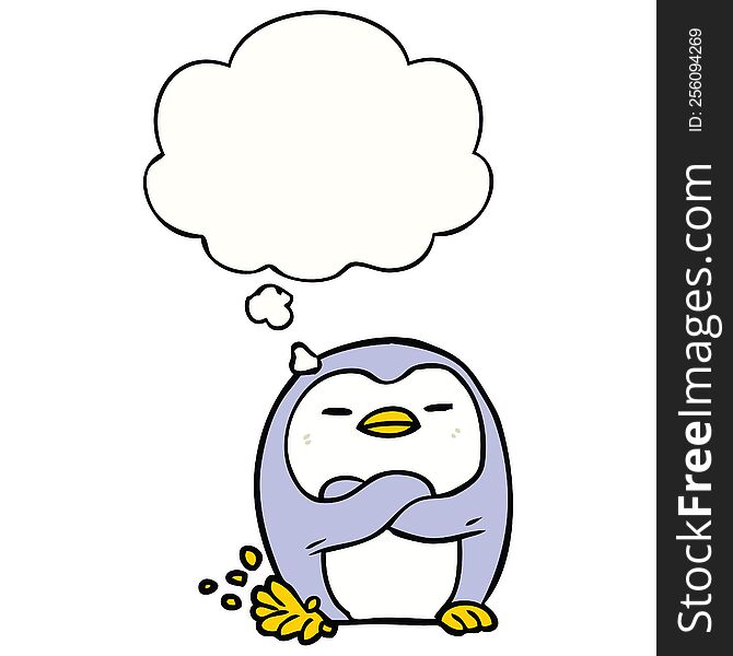 cartoon penguin tapping foot with thought bubble