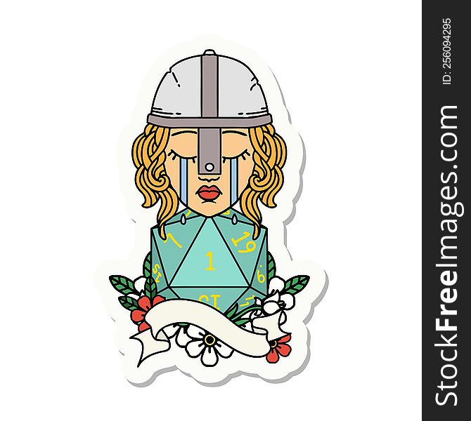 Crying Human Fighter With Natural One D20 Roll Sticker