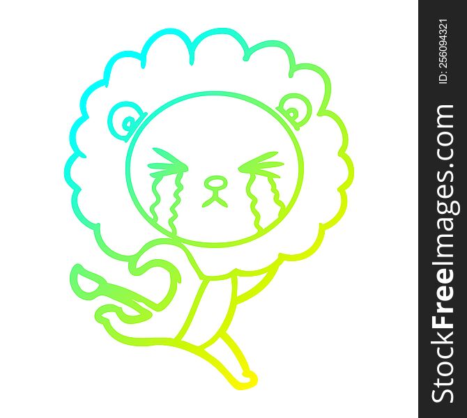 cold gradient line drawing of a cartoon crying lion running away