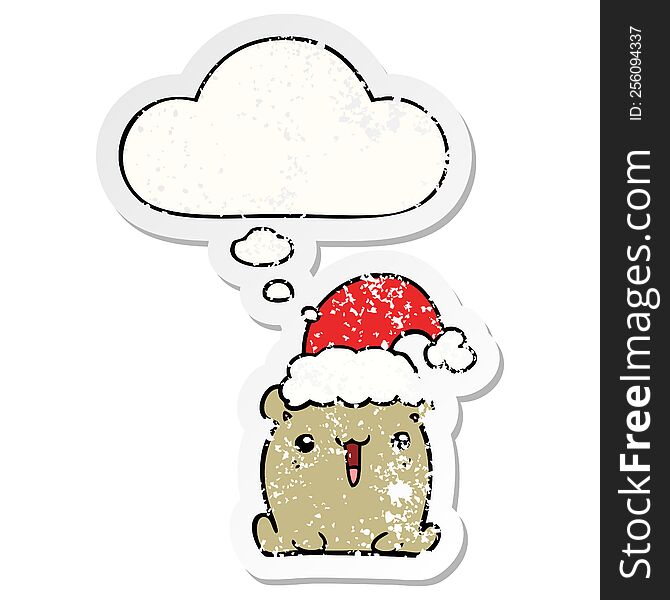 Cute Cartoon Bear With Christmas Hat And Thought Bubble As A Distressed Worn Sticker