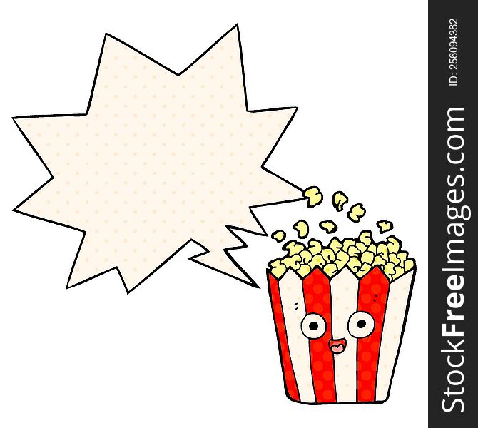 cartoon popcorn and speech bubble in comic book style