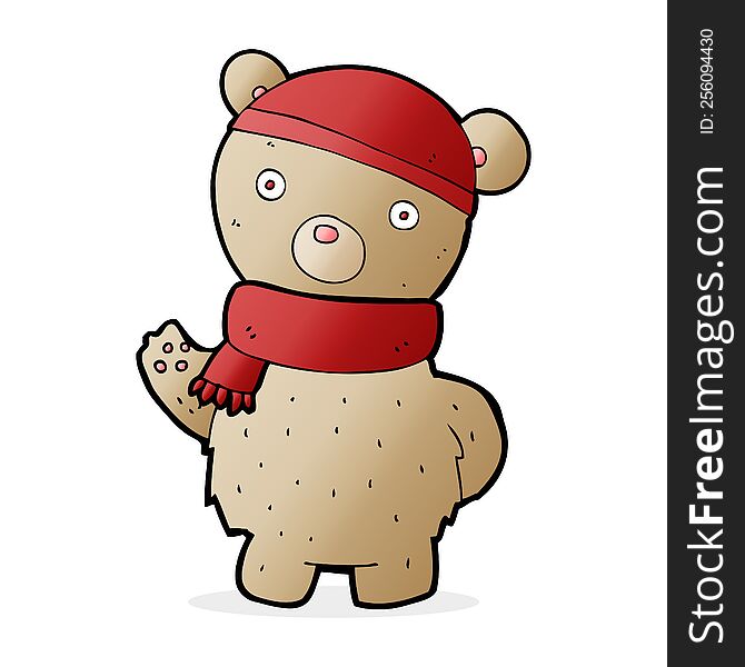 cartoon teddy bear in winter hat and scarf