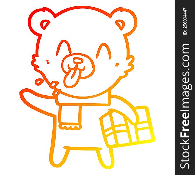 warm gradient line drawing of a rude cartoon bear with present