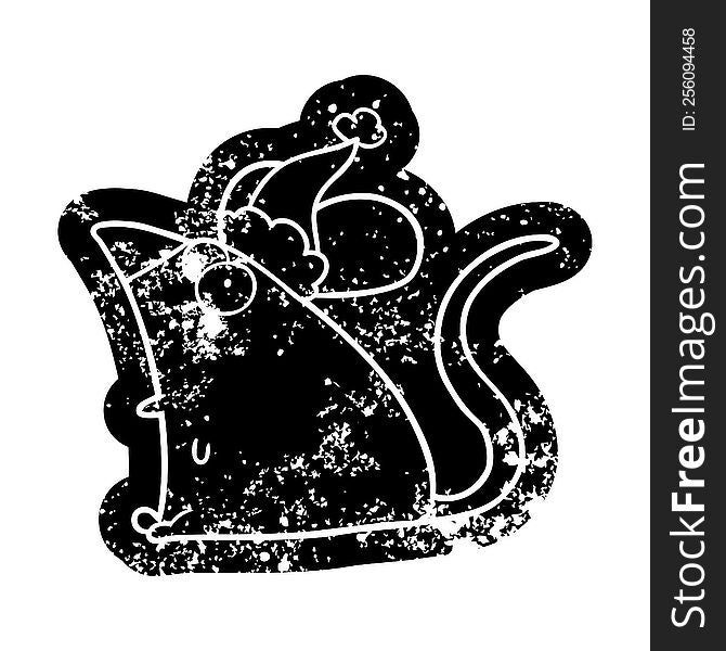 quirky cartoon distressed icon of a frightened mouse wearing santa hat