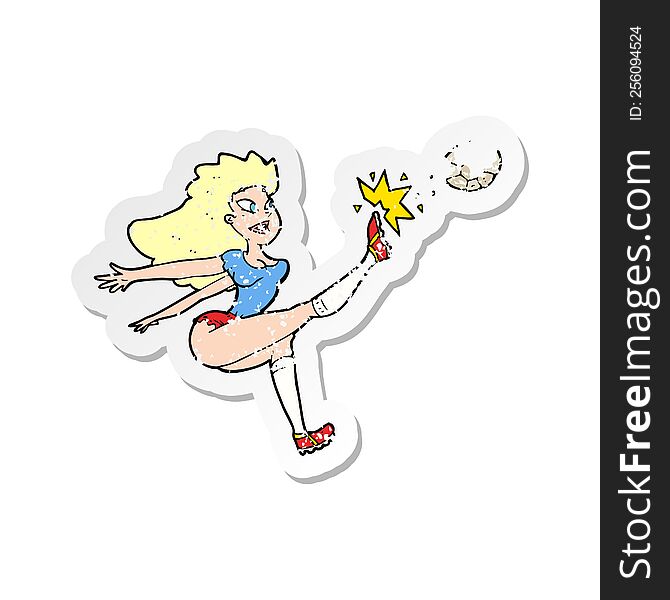 retro distressed sticker of a cartoon female soccer player kicking ball