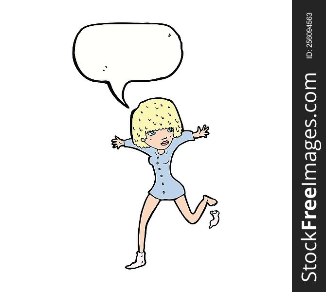 cartoon woman kicking off sock with speech bubble