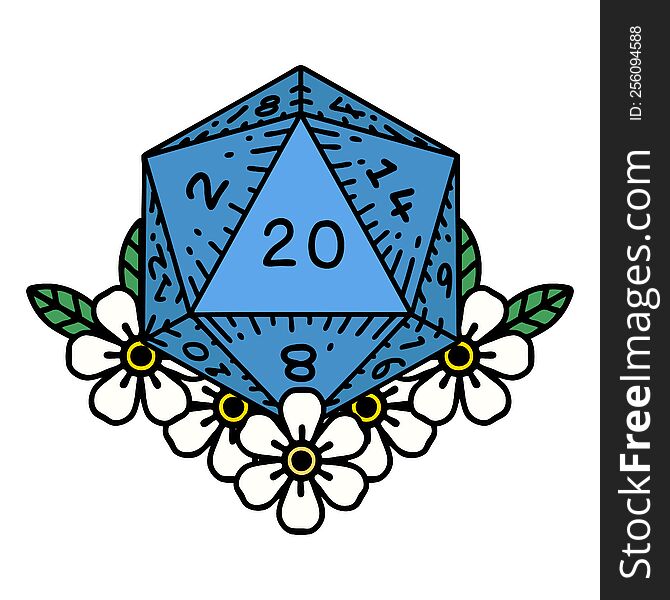 Natural 20 D20 Dice Roll With Floral Elements Illustration