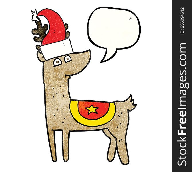 freehand speech bubble textured cartoon reindeer wearing christmas hat
