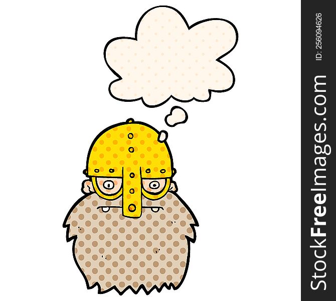 cartoon viking face with thought bubble in comic book style