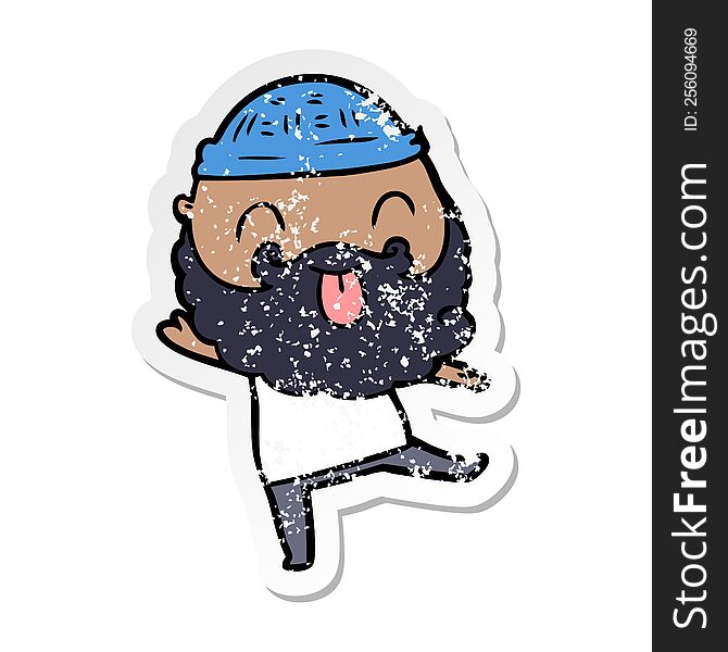 distressed sticker of a dancing man with beard sticking out tongue