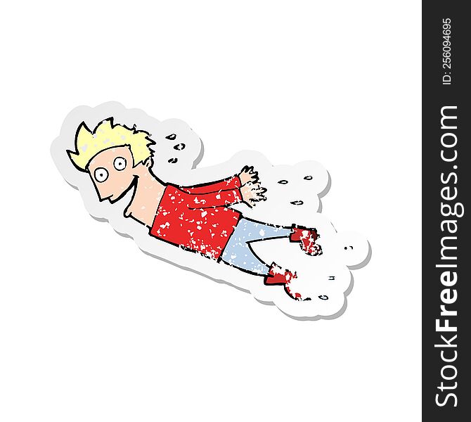 retro distressed sticker of a cartoon drenched man flying