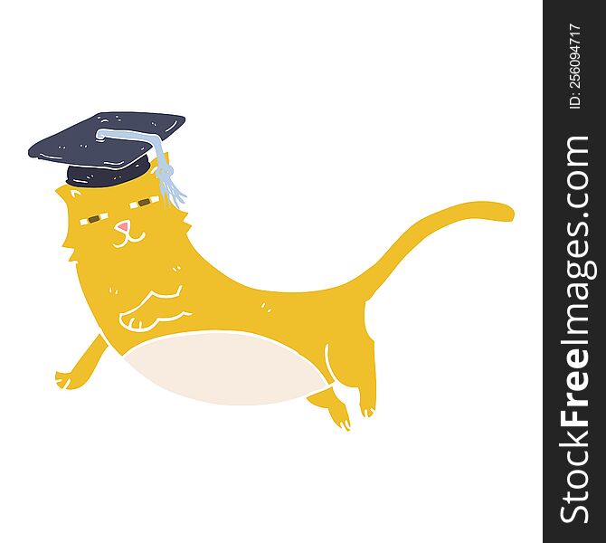 Flat Color Illustration Of A Cartoon Cat With Graduate Cap