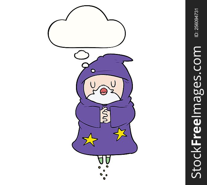 cartoon floating wizard with thought bubble. cartoon floating wizard with thought bubble