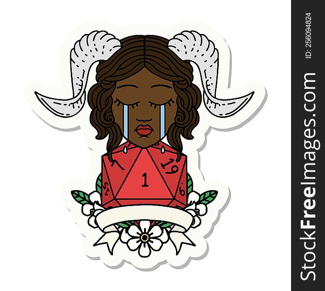 Crying Tiefling With Natural One D20 Dice Roll Sticker