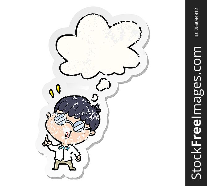 cartoon clever boy with thought bubble as a distressed worn sticker