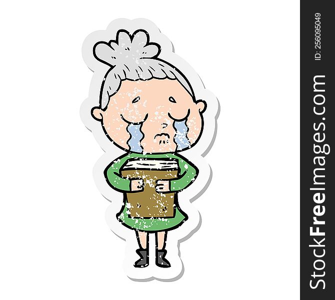 distressed sticker of a cartoon crying woman holding book