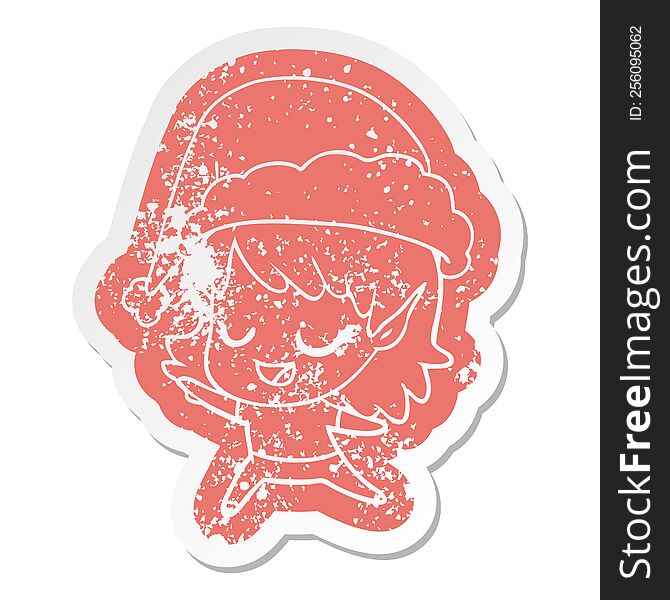 quirky cartoon distressed sticker of a happy elf girl dancing wearing santa hat. quirky cartoon distressed sticker of a happy elf girl dancing wearing santa hat