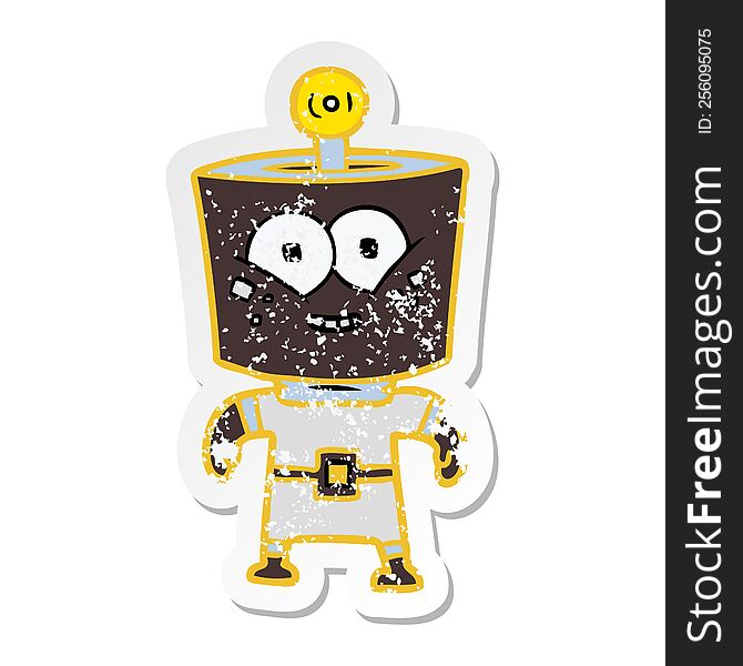 Distressed Sticker Of A Happy Energized Cartoon Robot